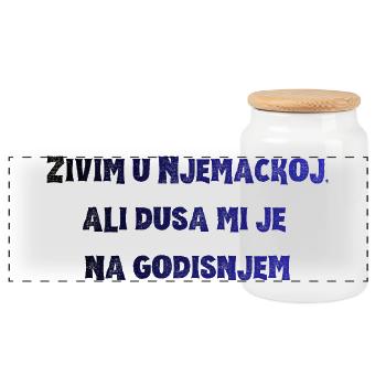 Kraftvoller Blau-Typo Spruch - Panorama Keksdose mit Holzdeckel - Weiß - Vorne