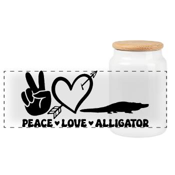 Peace Love Alligator – Funny Reptile Design - Panoramic Cookie Jar with Wooden Lid - white - Front