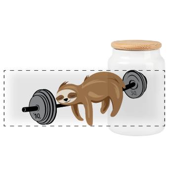 Sloth strength fitness gym gweichte sport symbol - Panoramic Cookie Jar with Wooden Lid - white - Front