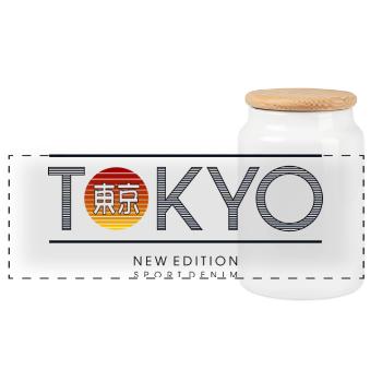 Tokio Neon Sonne Motiv - Panorama Keksdose mit Holzdeckel - Weiß - Vorne