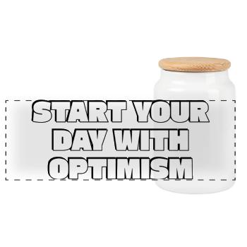 Start Your Day With Optimism - Panoramic Cookie Jar with Wooden Lid - white - Front