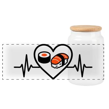 Sushi Heart Maki Salmon Japan Food Lover - Panoramic Cookie Jar with Wooden Lid - white - Front