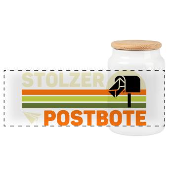Briefträger STOLZER POSTBOTE Retro Lustiges - Panorama Keksdose mit Holzdeckel - Weiß - Vorne