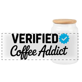Verified Coffee Addict Funny Caffeine Lover Badge - Panoramic Cookie Jar with Wooden Lid - white - Front