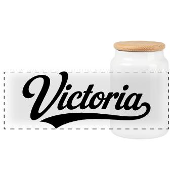 Victoria name first last family - Panoramic Cookie Jar with Wooden Lid - white - Front