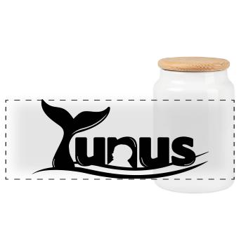 Yunus Logo Dolphin Design – Minimalist - Panoramic Cookie Jar with Wooden Lid - white - Front