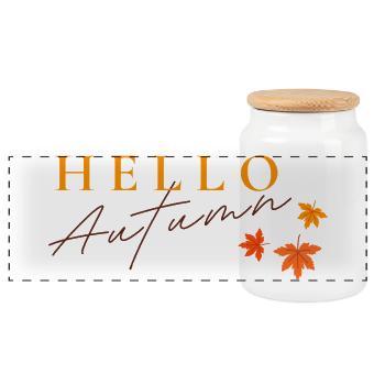Hello Autumn | Autumn Leaves Design - Panoramic Cookie Jar with Wooden Lid - white - Front