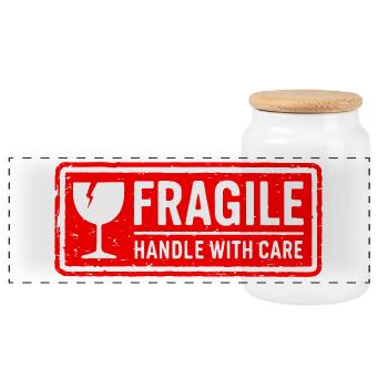 Fragile Handle with Care Versandmarkenvektor - Panorama Keksdose mit Holzdeckel - Weiß - Vorne