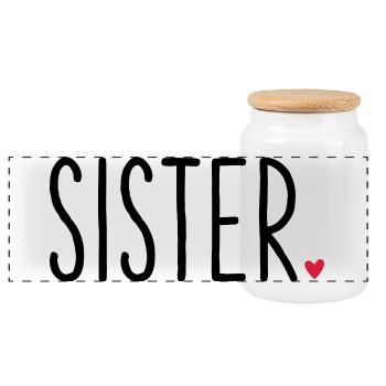 Sister Heart - Gift Siblings Brother Family - Panoramic Cookie Jar with Wooden Lid - white - Front