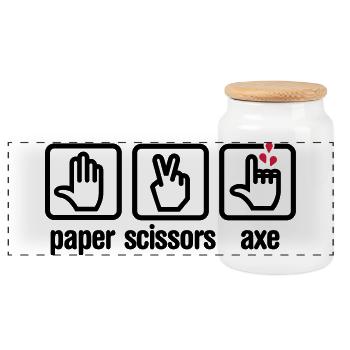 Paper - Scissors - axe - Rock - lumberjack - Panoramic Cookie Jar with Wooden Lid - white - Front