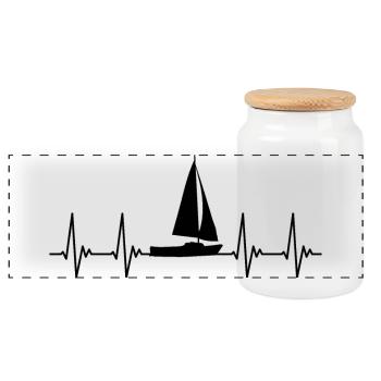 Voilier, électrocardiogramme, voile, rythme cardiaque, rythme cardiaque pulsé - Boîte à biscuits avec couvercle en bois - blanc - Devant