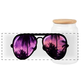 cool sunglasses with palm tree - Panoramic Cookie Jar with Wooden Lid - white - Front