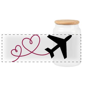 Airplane with 2 hearts - Panoramic Cookie Jar with Wooden Lid - white - Front
