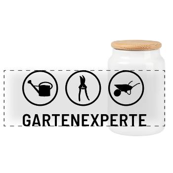 Gartenexperte: Gießkanne, Heckeschere, Schubkarre - Panorama Keksdose mit Holzdeckel - Weiß - Vorne