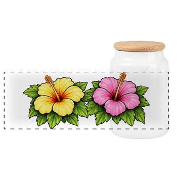 Hibiscus Tropical Flowers - Panoramic Cookie Jar with Wooden Lid - white - Front