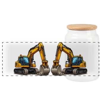 Excavator Vehicles - Panoramic Cookie Jar with Wooden Lid - white - Front