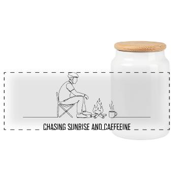 Chasing Sunrise and Caffeine Cyclist Art - Panoramic Cookie Jar with Wooden Lid - white - Front