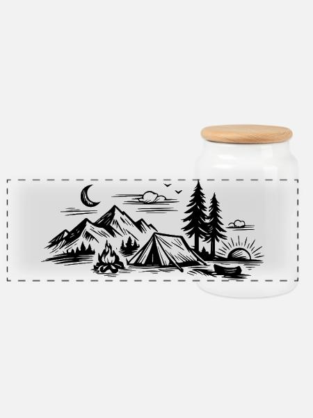 Camping Zelt - Panorama Keksdose mit Holzdeckel - Weiß