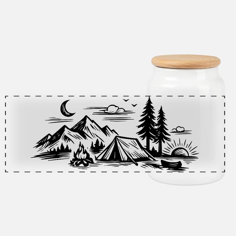 Camping Zelt - Panorama Keksdose mit Holzdeckel - Weiß