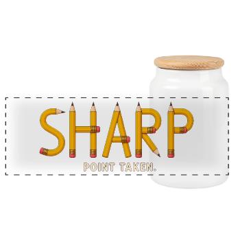 SHARP – Punkt verstanden | Spaßiges Bleistift-Wortspiel - Panorama Keksdose mit Holzdeckel - Weiß - Vorne