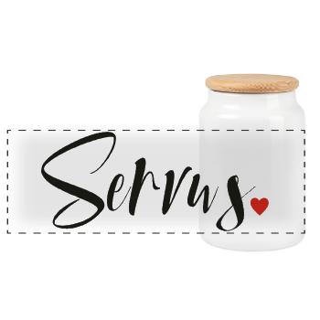 Servus - Hallo und Tschüss - Panorama Keksdose mit Holzdeckel - Weiß - Vorne