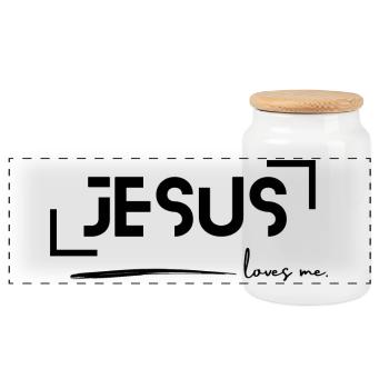 Jesus loves me - Panoramic Cookie Jar with Wooden Lid - white - Front