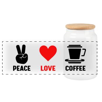 Peace Love Coffee - Panoramic Cookie Jar with Wooden Lid - white - Front