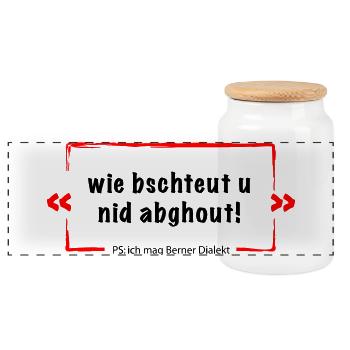Wie bschteut u nid abghout = Berner Deutsch - Panorama Keksdose mit Holzdeckel - Weiß - Vorne