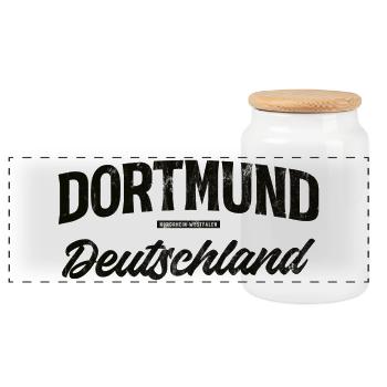Dortmund Deutschland Vintage Schriftzug - Panorama Keksdose mit Holzdeckel - Weiß - Vorne