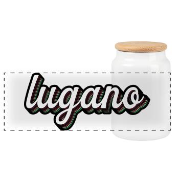 Lugano Neon Lettering Multiple Shadows - Panoramic Cookie Jar with Wooden Lid - white - Front