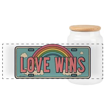 Love Wins – Rainbow License Plate Design - Panoramic Cookie Jar with Wooden Lid - white - Front