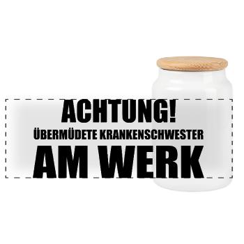 Achtung! Übermüdete Krankenschwester am Werk - Panorama Keksdose mit Holzdeckel - Weiß - Vorne