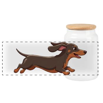 Cheerful Dachshund Running Cartoon Fun - Panoramic Cookie Jar with Wooden Lid - white - Front