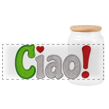Farbiges Stickdesign Ciao Italien - Panorama Keksdose mit Holzdeckel - Weiß - Vorne