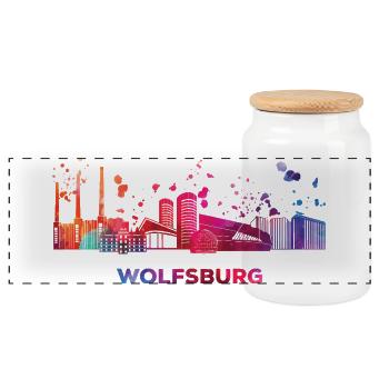 Wolfsburger Skyline Wolfsburg - Panorama Keksdose mit Holzdeckel - Weiß - Vorne