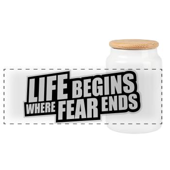 Life Begins Where Fear Ends Motivierend Zitat Logo - Panorama Keksdose mit Holzdeckel - Weiß - Vorne