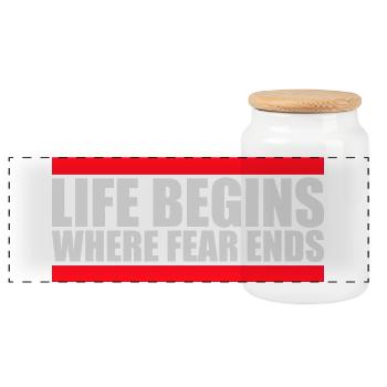 Life Begins Where Fear Ends Motivierend Zitat Logo - Panorama Keksdose mit Holzdeckel - Weiß - Vorne