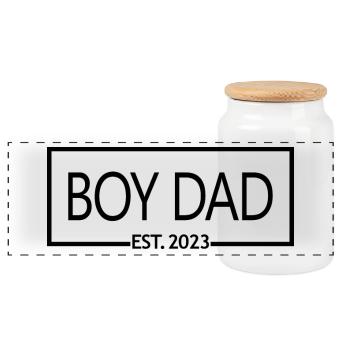 Boy Dad Est. 2023 Baby Shower Pregnancy Reveal - Panoramic Cookie Jar with Wooden Lid - white - Front