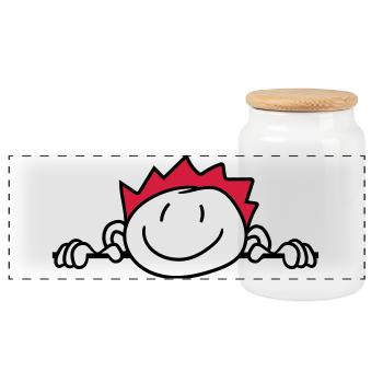 hide wall wall face head child painted kri - Panoramic Cookie Jar with Wooden Lid - white - Front