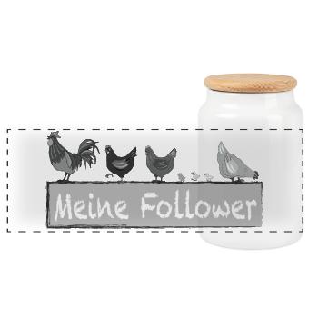 Meine Follower - Hühner Hahn - Panorama Keksdose mit Holzdeckel - Weiß - Vorne