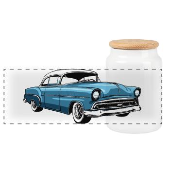 Retro US-Auto in Blau - Panorama Keksdose mit Holzdeckel - Weiß - Vorne
