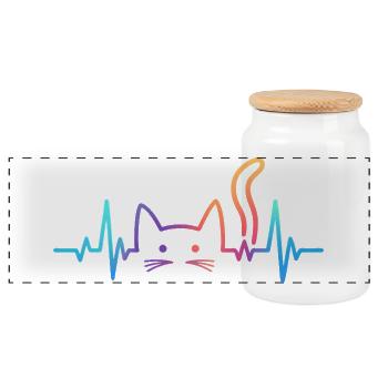 Katze EKG Herzschlag Regenbogen Motiv - Panorama Keksdose mit Holzdeckel - Weiß - Vorne