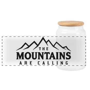 THE MOUNTAINS ARE CALLING Saying Statement - Panoramic Cookie Jar with Wooden Lid - white - Front