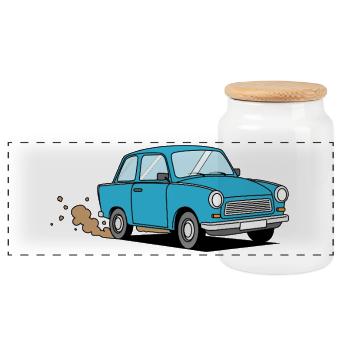 Blue Cartoon Carriage Retro Charm - Panoramic Cookie Jar with Wooden Lid - white - Front