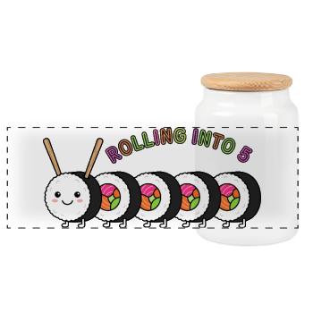 Rolling Into 5 Sushi Geburtstag - Panorama Keksdose mit Holzdeckel - Weiß - Vorne