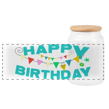 Happy birthday with colorful Gerlanden - Panoramic Cookie Jar with Wooden Lid - white - Front