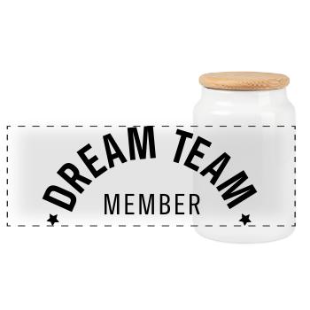 Geschenk mit gebogenem Text des Dream Team-Mitglieds - Panorama Keksdose mit Holzdeckel - Weiß - Vorne