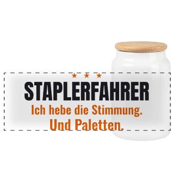 Staplerfahrer – Ich hebe die Stimmung & Paletten - Panorama Keksdose mit Holzdeckel - Weiß - Vorne