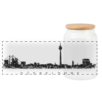 Düsseldorfer Skyline Düsseldorf (Vintage Schwarz) - Panorama Keksdose mit Holzdeckel - Weiß - Vorne