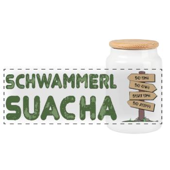 Schwammerlsuacha - Wegweiser Dialekt - Panorama Keksdose mit Holzdeckel - Weiß - Vorne
